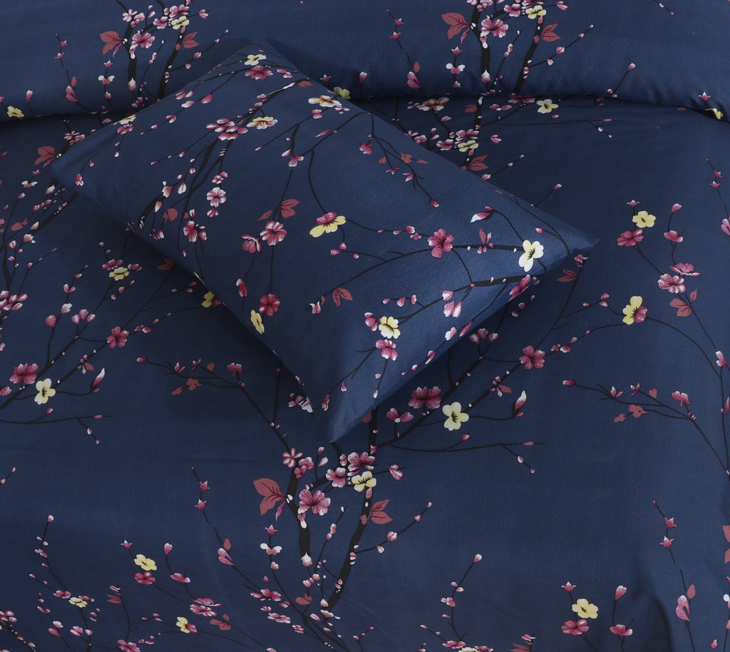 Floral Print Navy Blue Pure Cotton Bed Sheet Set-3Pcs - Image 4