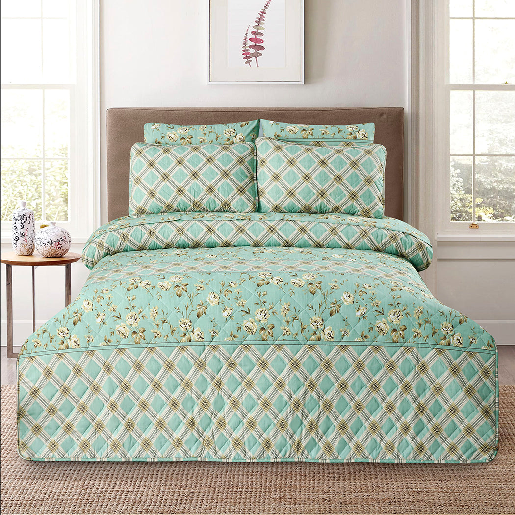 Mint Floral Printed Cotton Bedsheet 3pcs - Image 2