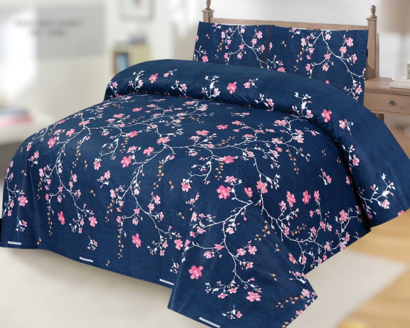 Floral Print Navy Blue Pure Cotton Bed Sheet Set-3Pcs - Image 2