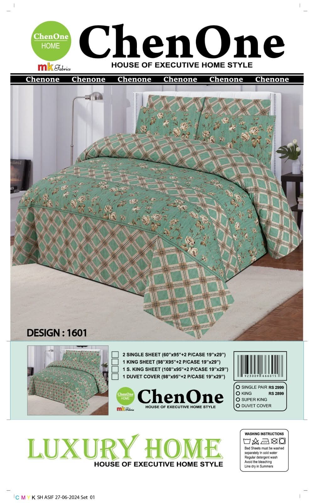 Mint Floral Printed Cotton Bedsheet 3pcs