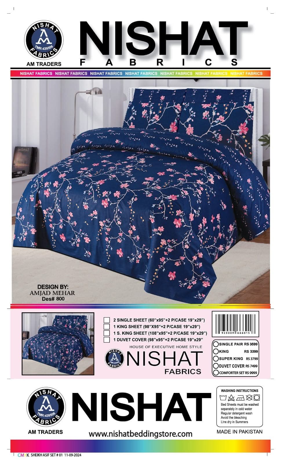Floral Print Navy Blue Pure Cotton Bed Sheet Set-3Pcs